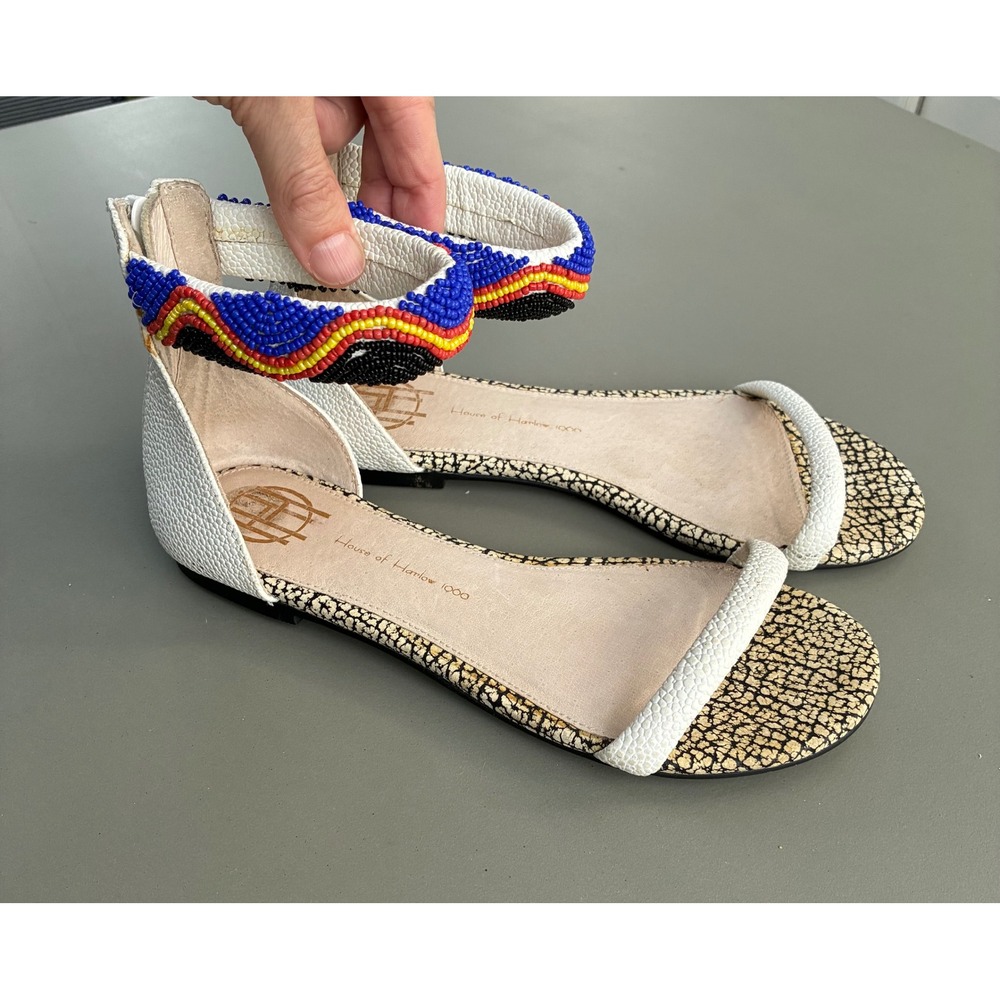 House of Harlow 1960 Boho White Leather Beaded Ankle Strap Sandals 6.5 Flat
